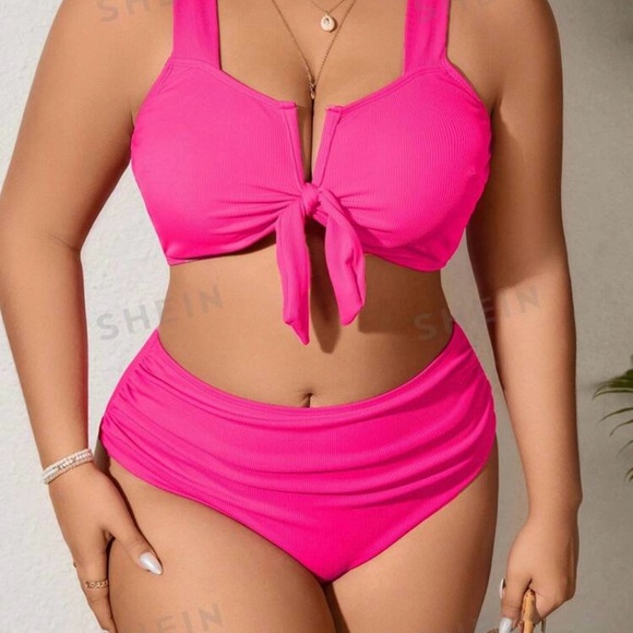 SHEIN Swim Curve Summer Beach Plus Size Women's Front Knot Wide Strap Bikini Set - Picture 3 of 12